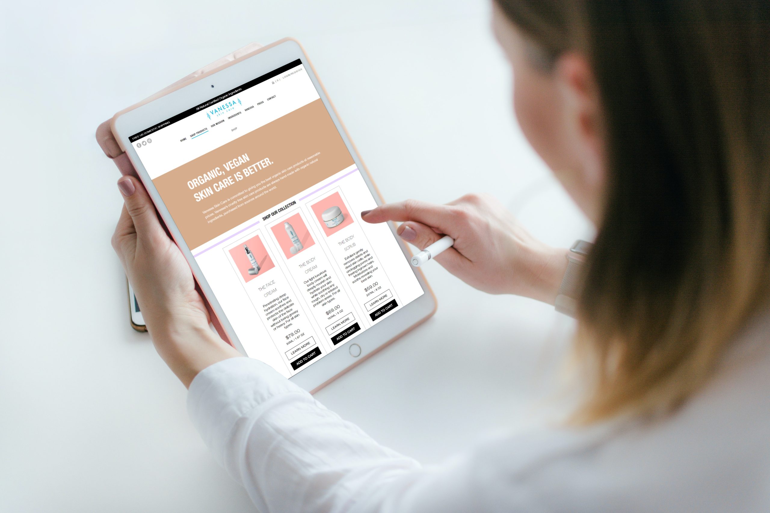 Vanessa Skin Care vegan beauty branding and responsive ecommerce website design by Bionic Egg